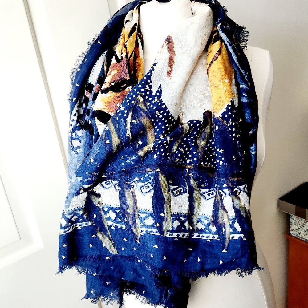 Birds on the Run Cotton Oversized Scarf Cover up Tiger Sky Design Print Blue Bei